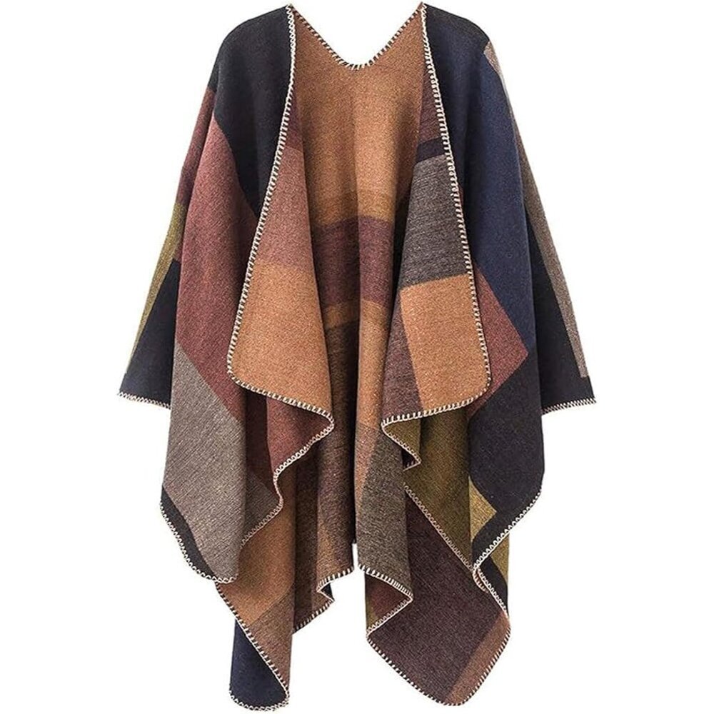 Women's Oversized Cashmere Blend Shawl Wrap Open Front Casual Poncho